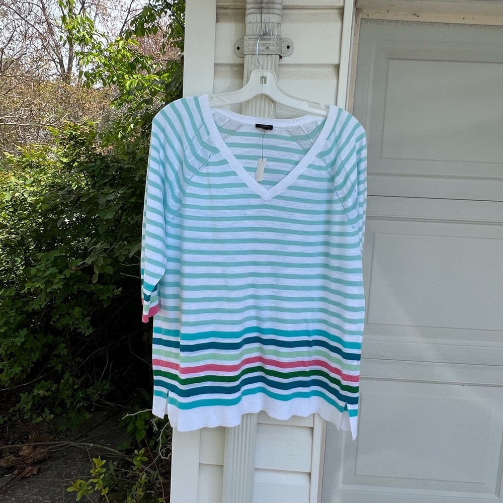 NWT Talbots Pretty White Aqua Multicolor Stripe Hem V-neck Cotton Sweater - Picture 3 of 3